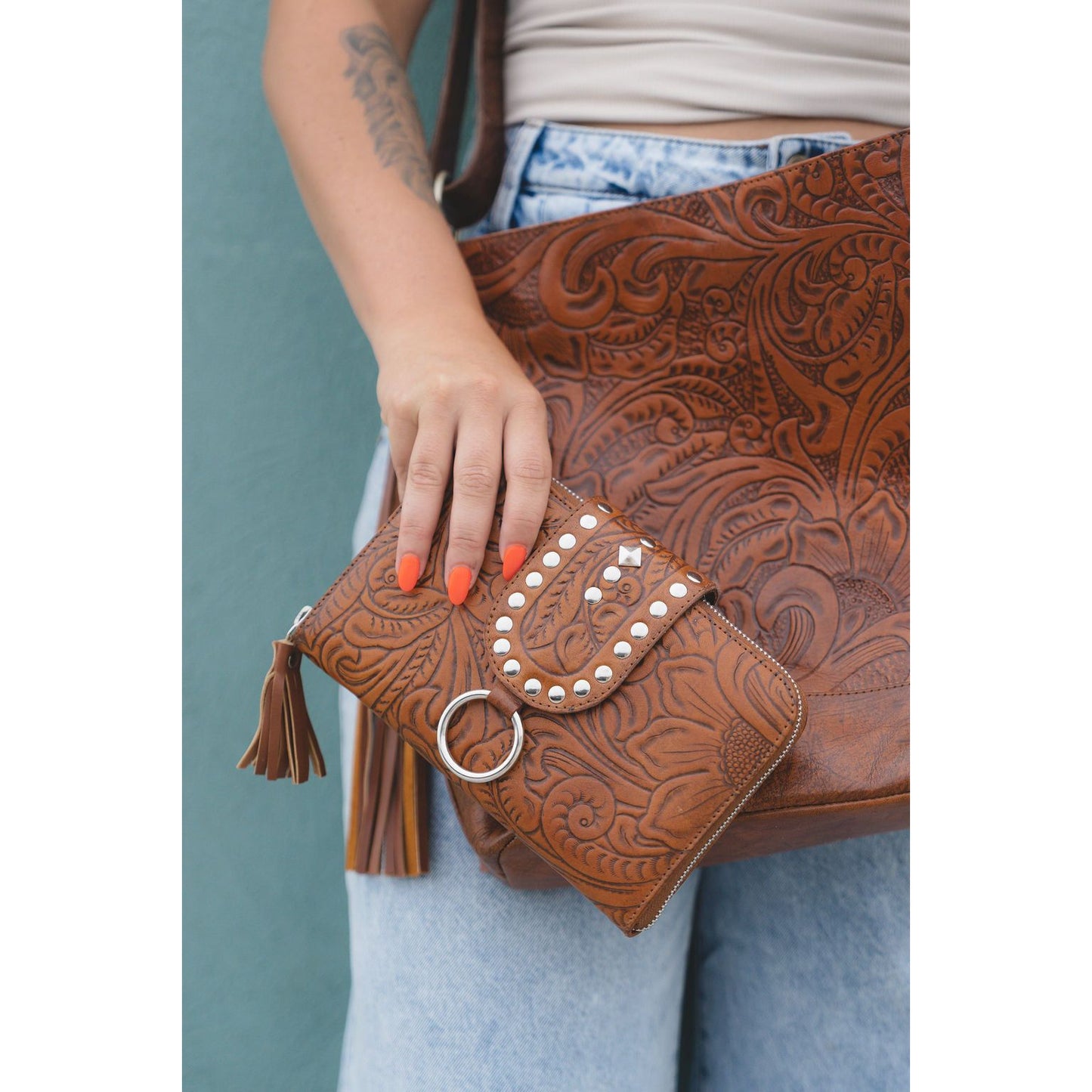 Cali carved tote bag and Cali Coin Wallet